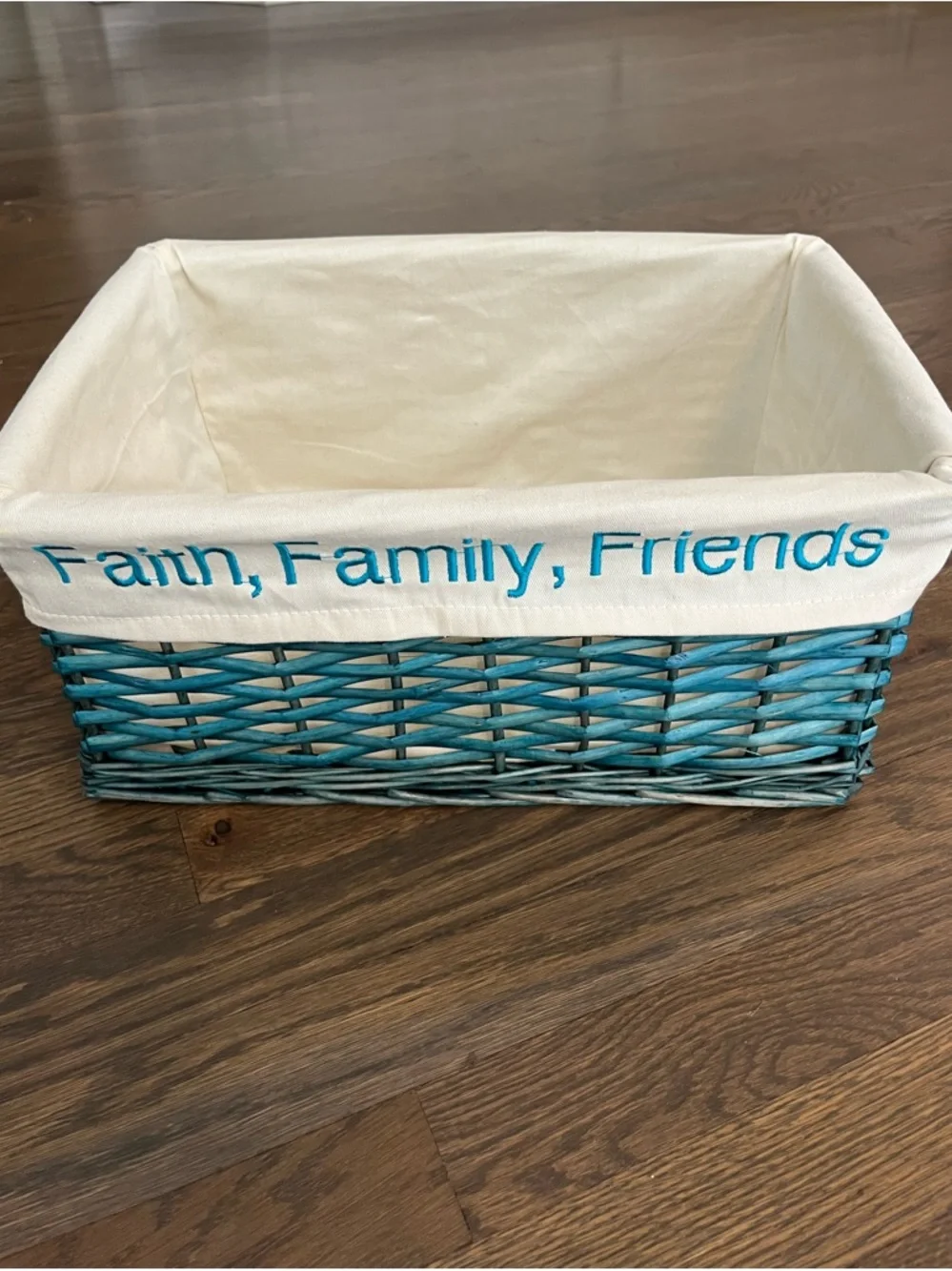 Wicker Basket with Fabric Liner - “Faith, Family, Friends”